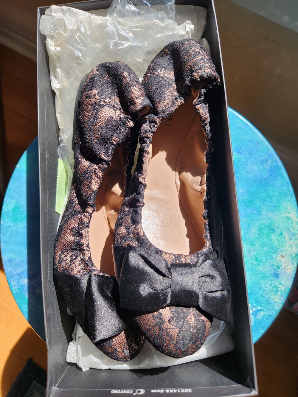 Tahari Black Lace-Overlay Ballet Flats with Brown Underlay and Bow